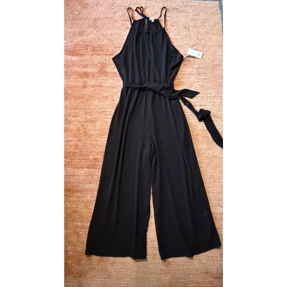 Candie’s Black Halter Wide Leg Jumpsuit XL NWT Tie Waist Culotte Cropped Romper